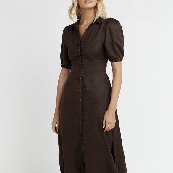 DISSH Chocolate Brown Linen Button Front Open Back Midi Dress Fits XS-S |  eBay