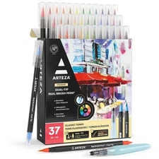 Watercolor Pens, 36 Dual-Tip Markers with Flexible Nylon Brush Tips, Classic ...