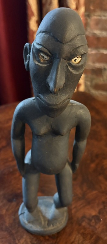 Vintage Papua New Guinea Hand Carved Wood Sculpture man with shell inset eyes