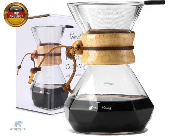 Pour Over Kaffeebereiter Mit Edelstahlfilter, Borosilikatglas Kaffeekanne,-image