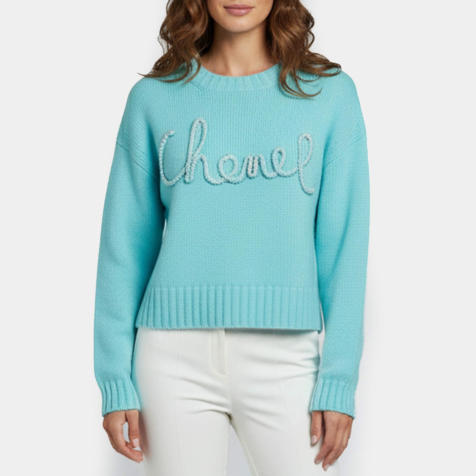 Chanel Turquoise Logo Embellished Cropped Sweater M