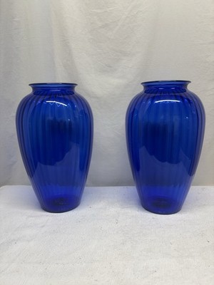 Vintage Anchor Hocking Optic Dark Cobalt Blue Ribbed 12.5  Vase Set Made In USA