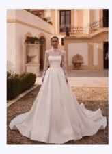 Vintage High Neck Long Lace Sleeve Satin Ball Gown Wedding Dress With Train, Wed