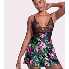 Victoria's Secret Floral Lace Trim Slip Mini Dress Lingerie Size L