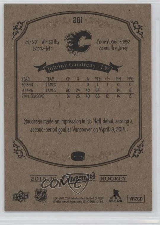 2015 Upper Deck Champ's High Series Short Prints Gold Front Johnny Gaudreau #281 - Image 2 of 2