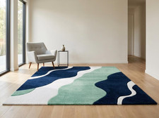 Modern Abstract Wave Rug Blue Mint Green Hand...