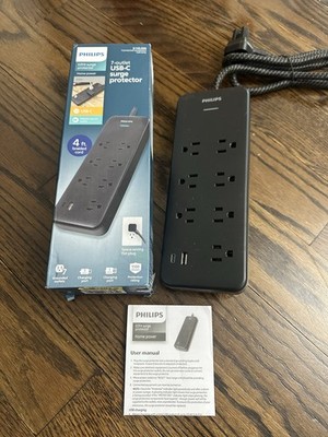 New OB Philips 7 Outlet Surge Protector Power Strip USB Charging