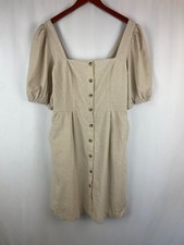 NWT Old Navy Large Tall Tan Button Up Linen Blend Puff Sleeve Midi Dress Cottage