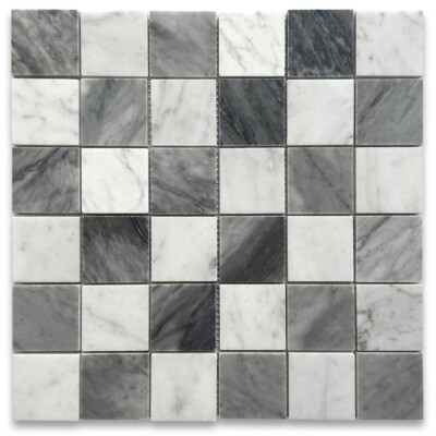 C257XP Carrara White Bardiglio Gray Marble Checkerboard Mosaic Tile Polished