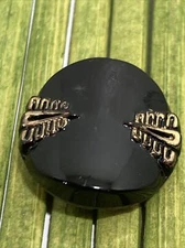 Vintage Glass Shank Button Black Art Deco Pyramids Gold Accents 11/16"