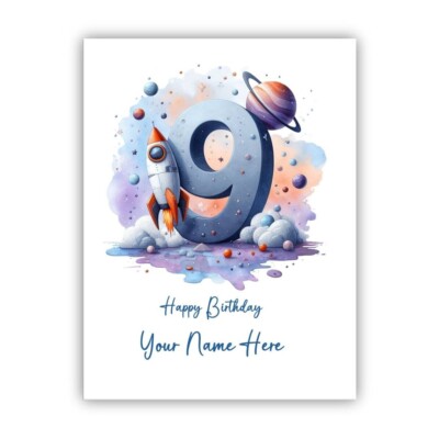 Personalisierte Karte zum 9. Geburtstag für Jungen. Weltraum Motto Neunter Geburtstag Karte.