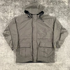 VTG Bushnell Rain Jacket Mens Large Brown Grey Gear For Sports Packable Hood Y2K