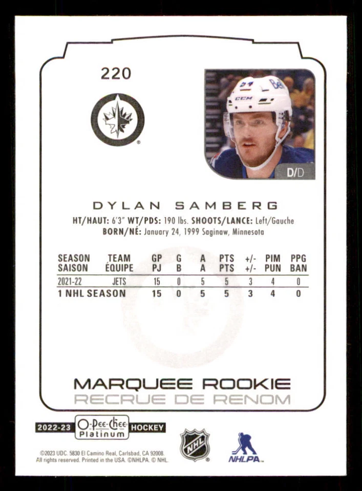 2022-23 O-Pee-Chee Platinum #220 Dylan Samberg RC - Image 2 of 2
