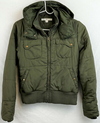 Tommy Hilfiger Ladies Medium Hoodie Puffer Bomber Jacket Olive