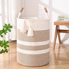 Degeyoyo Large Laundry Basket, Hamper with Leather 90L, Brown  White