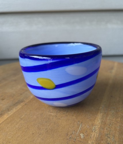 Quirky Polkadots Blue Swirl Abstract Small Hand Blown Art Glass Bowl 4"