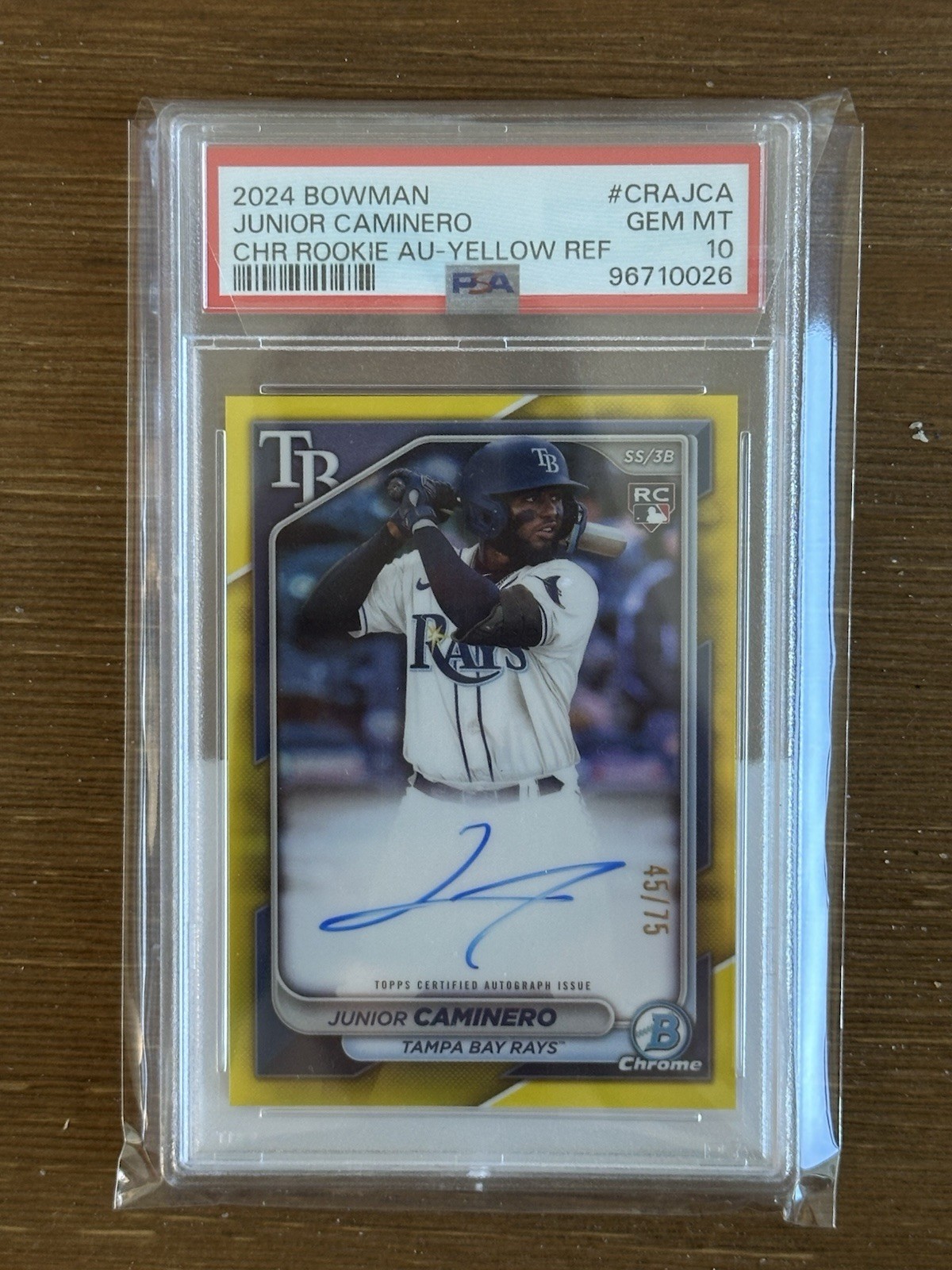 2024 Bowman Chrome Junior Caminero Yellow Refractor Auto /75 RC #CRA-JCA PSA 10