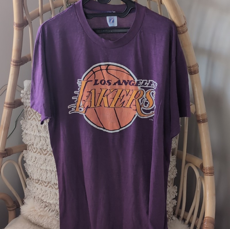 vintage Logo 7 Los Angeles Lakers Purple Graphic T-Shirt XXL Polyester Cotton