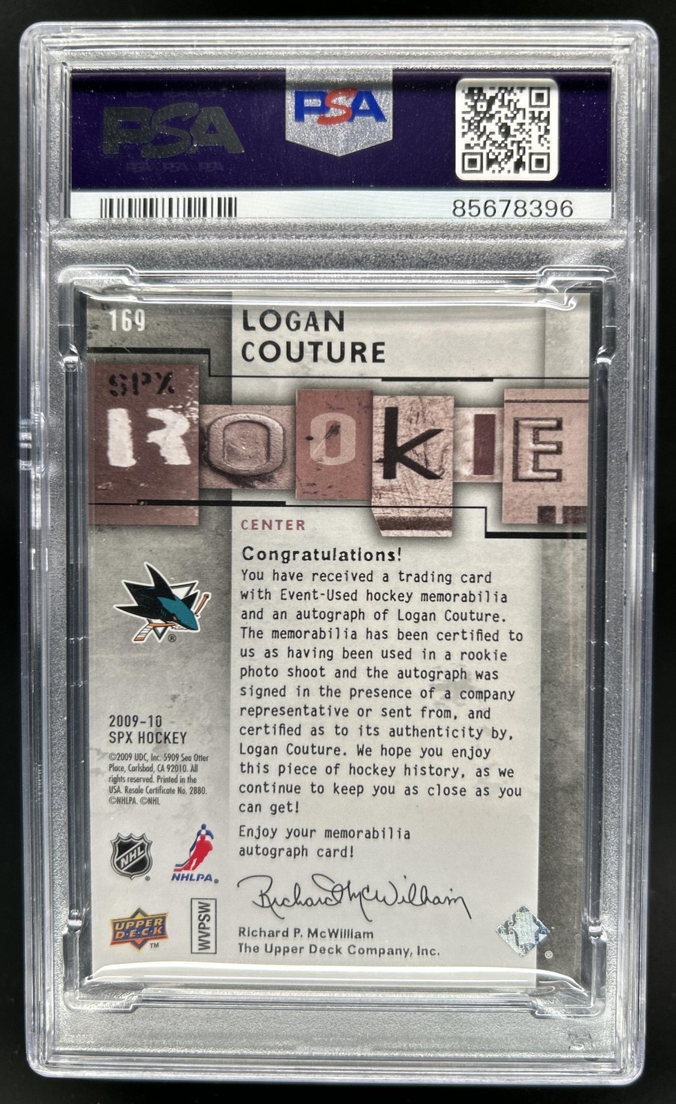 2009-10 SPx Logan Couture Jersey Rookie RC Auto Autograph #/799 Sharks PSA 9 view 2