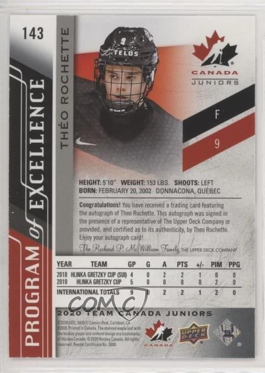 2020-21 Team Canada Juniors Program of Excellence Autos Theo Rochette #143 Auto - Image 2 of 2