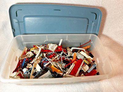 JUNK YARD SUPPLIES Misc. Left Over Model Car and Airplane Parts in Sterilite Tub