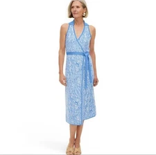 Diane VF Wrap Dress Sleeveless Blue Costal Twig Sweater Knit Collared Size M