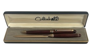 VINTAGE COLIBRI Brown Wood Grain with Gold Trim Ballpoint Pen & Letter Opener