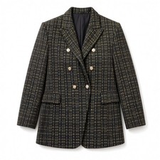 Mina Self Blazer Black Gold Tweed Double Breasted Plaid Jacket Women s XL