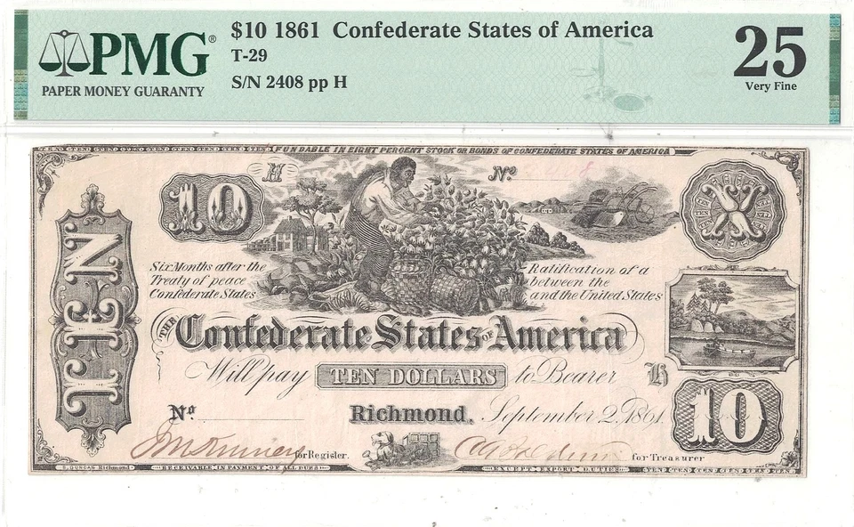 1861 $10 Confederate Note T-29 PMG VF-25 - Image 2 of 3