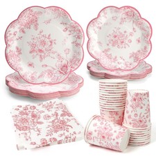 96pcs Party Plates Pink Flower Disposable Tableware Set 7" 9" Paper Plates, C...
