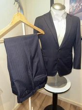 Bespoke 44 R Holland & Sherry Blue Multi Stripe Wool Suit Made USA