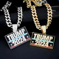 TRUMP *2024* Pendant & 13mm 20" Iced Cuban Cubic Zirconia Chain Hip Hop Necklace