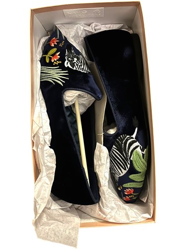 Birdies x Minted Emilie Simpson Heron Wild Zebra Blue Velvet Slipper Flat Size 6 - Picture 11 of 11