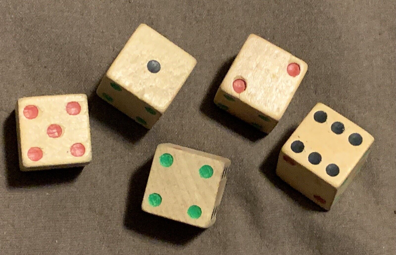 Antique Lot 5 Tri Colored Wooden Dice Red Green And Black.
