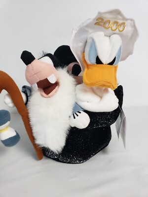 Y2K Disney Store Mickey 2000 Plush beanie set New old stock Donald Goofy in hat