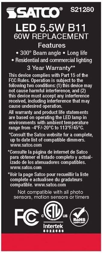 NEW 6 Pack - Satco S21280 - 5.5 Watt B11 LED E12 Frosted Bulbs -4000k Cool White - Image 3 of 4
