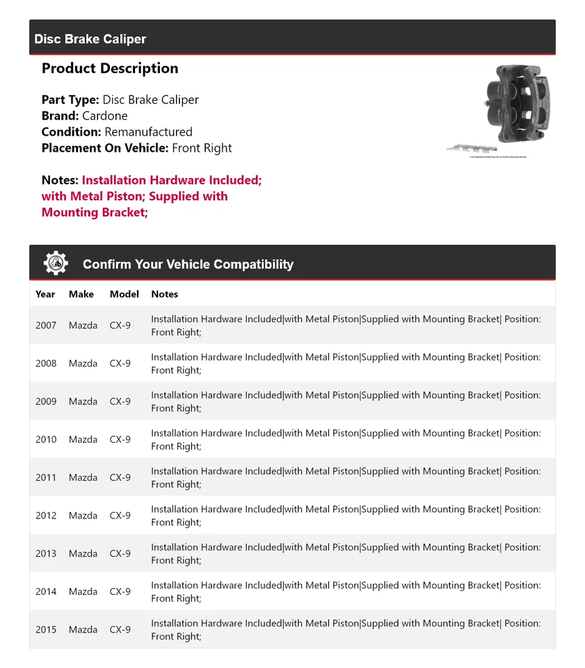 Pinça de freio a disco dianteira direita Cardone 2008 2009 2010 para 2007-2015 Mazda CX-9 - Imagem 2 de 4