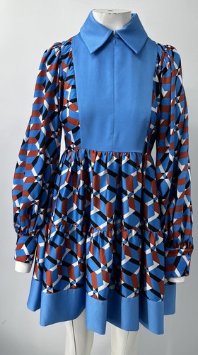 Gizzia Blue/Orange Printed Polo Half-Zip Babydoll Dress sz 36