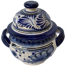 TalaMex Cholula Handmade Traditional Blue Mexican Talavera Sugar Jar  5" x 4.25"