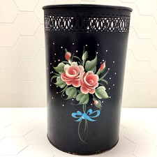 Vintage Toleware Hand-Painted Floral Metal Wastebasket with Reticulated Rim — listing 6