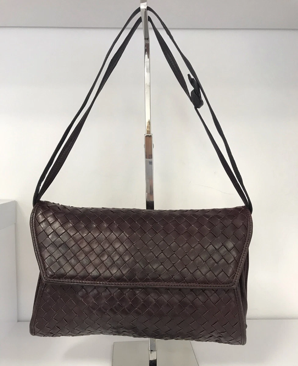 Bottega Veneta Vintage Woven Fold Over Shoulder Bag Burgundy