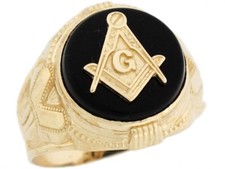 10k or 14k Real Gold 14mm Round Onyx Freemason Masonic Mens Ring Jewelry