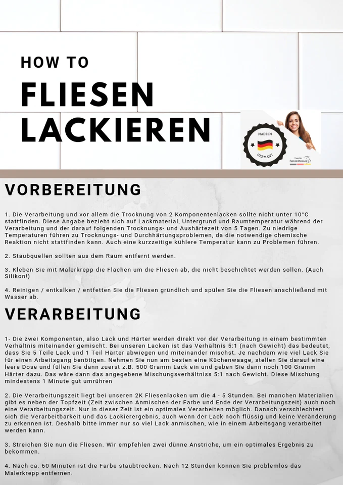 Fliesenfarbe seidenmatt Weiß RAL 9010 Fliesenlack Lackierset HLP - Bild 3 von 4