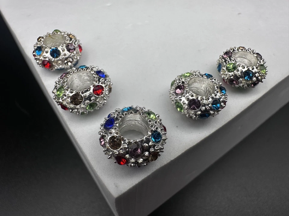 Large Hole CZ Crystal Multicolored Rhinestone Silver Spacer Beads, 6pcs - Image 3 of 4