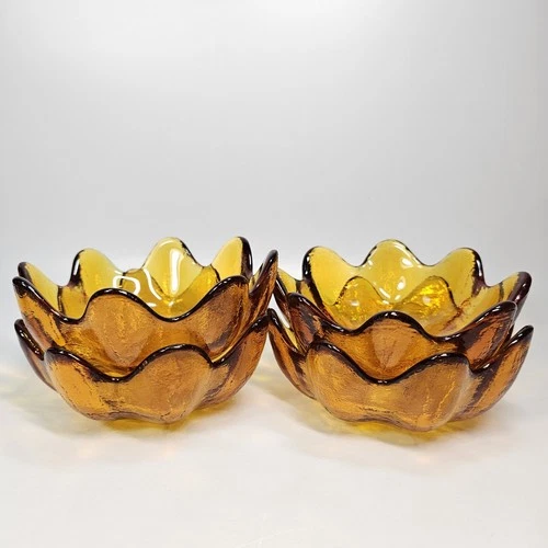 Blenko Lotus Bowls Set Amber Art Glass 8 Petal Small 5" Scalloped Vintage