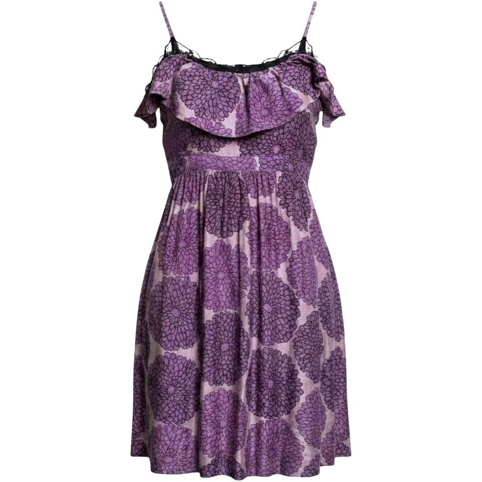 Lil for Anthropologie 100% Silk Purple Floral Mini Sundress 6 Lace Trim Ruffles