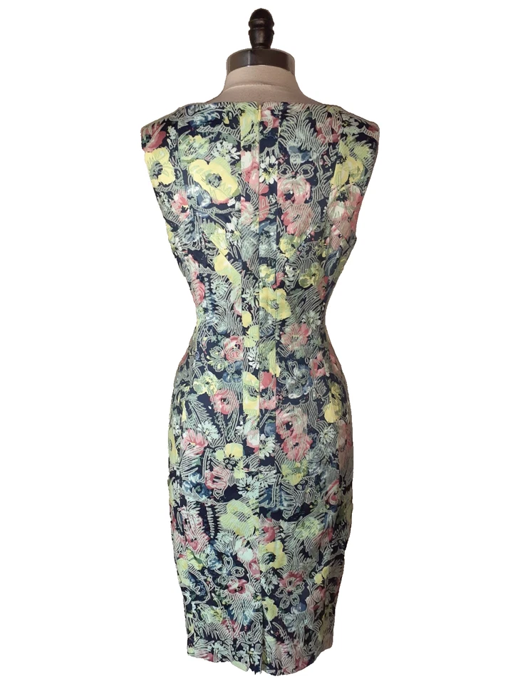 TAHARI Size 12 Sheath Dress Blue Green Pink Floral Sleeveless Knee Length - Image 4 of 4