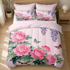 Ccoutuechen 3 Pieces Queen Size Pink Floral Comforter Set Soft Watercolor Peony