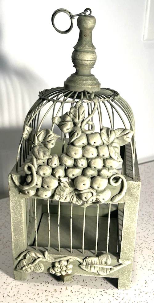 Vtg Hanging 12” Birdcage Metal Wood Sage Green Decor Grapes Leaves Cottage Core