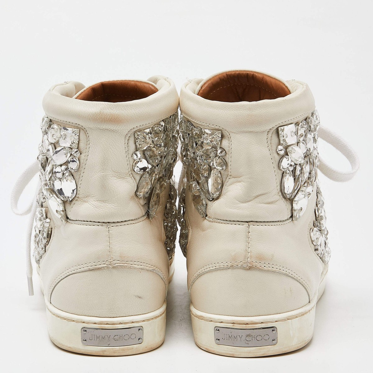 Jimmy Choo White Leather Tokyo Crystal Embellished High Top